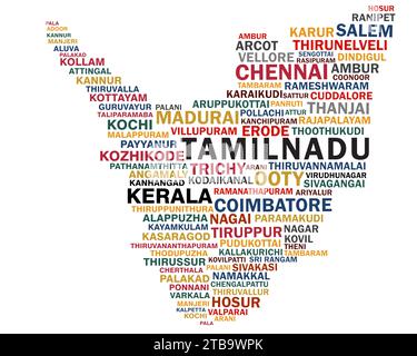 Tamilnadu and Kerala map formed with Tamilnadu and Kerala cities World cloud Stock Vector