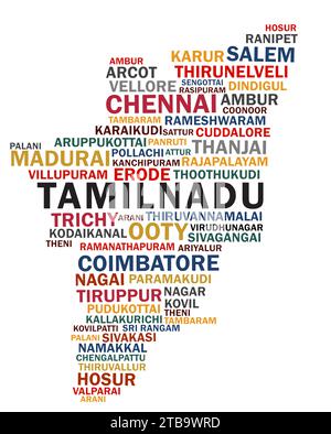 Tamil Nadu map formed with Tamilnadu cities World cloud Stock Vector