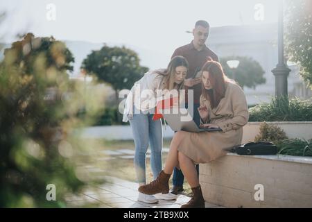 Business Professionals Collaborating on Innovative Ideas in a Bustling Urban City Stock Photo