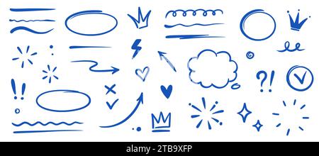 Hand drawn blue highlight, text underline, emphasis mark, line shape set. Hand drawn scribble arrow, love heart, speech bubble, crown element. Marker, pen brush stroke. Vector illustration Stock Vector