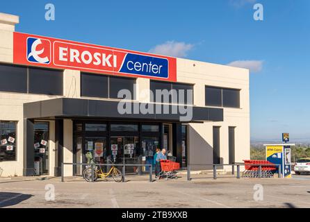 Felanitx, Spain; november 19 2023: Facade of a supermarket of the Spanish chain Eroski, on a sunny morning. Felanitx, island of Mallorca, Spain Stock Photo