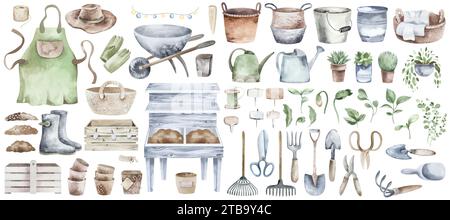 Garden tools, agricultural implement. Set of watercolor equipment icons on isolated background. Stock Photo