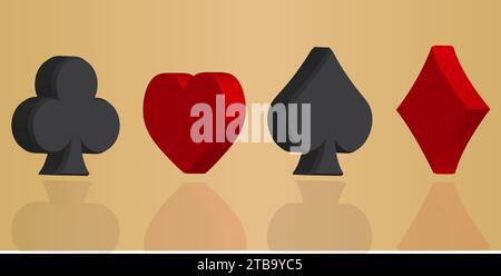 3d three dimension playing cards and poker spade, heart, club, diamond with shadow in the Golden Background Stock Vector