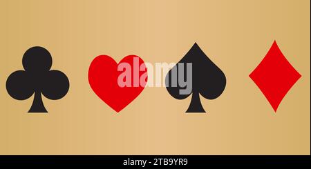 playing cards and poker spade, heart, club, diamond suit flat with Golden Background Stock Vector