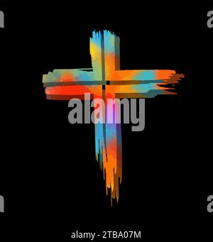 colored cross made of blots on a black background. Happy easter. hand drawing. Not AI, Vector illustration Stock Vector