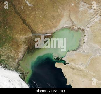 Satellite view showing suspended sediment in the northern Caspian Sea. Stock Photo