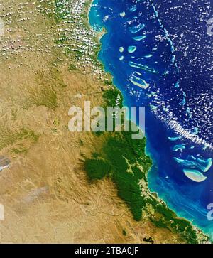 Natural-color satellite view of the Daintree rainforest in far north Queensland, Australia. Stock Photo