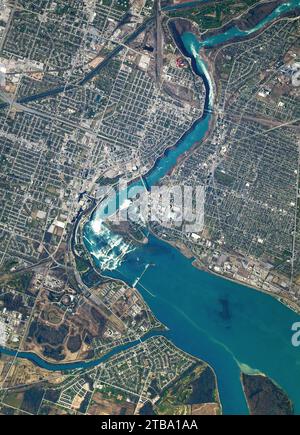 View from space showing the water cascading through Niagara Gorge and Niagara Falls. Stock Photo