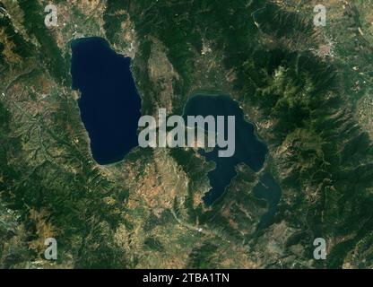 Natural-color satellite view of Lake Ohrid and Lake Prespa in the Balkans. Stock Photo