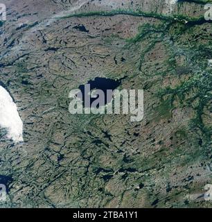 Satellite view of Labrador, Canada, showing Mistastin Lake. Stock Photo
