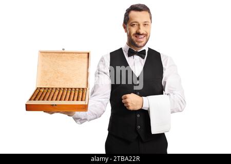 Server holding a box of cigars isolated on white background Stock Photo