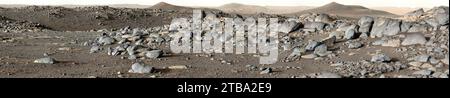 An expanse of boulders on the Mars landscape in front of a location nicknamed Santa Cruz. Stock Photo