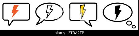 Flash icon in speech bubble, different version. Ask, talk or think about electricity Stock Vector