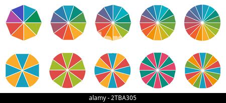 Circle divided into equal triangles or pies, version with 8 to 16 segments, can be used as infographics element Stock Vector