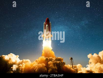 New Ship Rocket flies to another planet. Spaceship lift off into the starry sky space. Rocket starts mission into space. Concept. Travel to cosmos. Ex Stock Photo