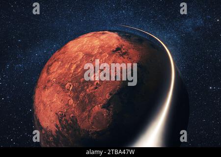 Space shuttle rocket flies with blasts and a light line around the red planet Mars with stars. Travel in space, concept. Space satellite flies near th Stock Photo