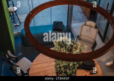 A close up shot of empty, modern co work space in the early morning hours. Top view. Stock Photo
