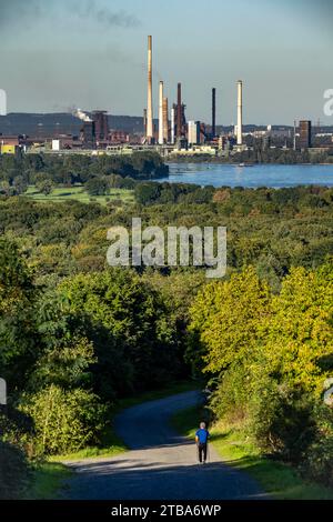 View, from the Rheinpreußen slagheap in Moers, across the Rhine to the Thyssenkrupp Steel steelworks in Duisburg-Beeckerwerth, blast furnaces, coking Stock Photo