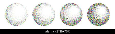 Round shaped dotted objects, vintage stipple elements. Fading gradient. Stippling, dotwork drawing, shading using dots. Colored disintegration effect Stock Vector
