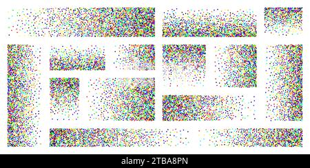 Stipple pattern, dotted rectangular design elements. Stippling, dotwork drawing, shading using dots. Pixel disintegration, random halftone effect Stock Vector
