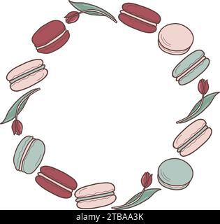 Wreath from macaroons and tulips in boho colors. Vector flat illustration of dessert for menu, logo of cafe or pastry store. Stock Vector