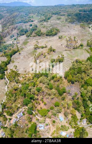 Five images were combined for this panorama aerial image of interior farmland waiting for the monsoon season to start, The Democratic Republic of Timo Stock Photo