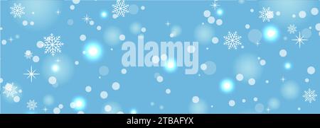 Christmas snowfall, festive mood, snow and swirling snowflakes on wide blue background. New year illustration with snowflakes. Vector illustration Stock Vector
