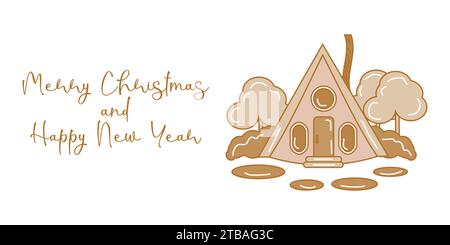 Gingerbread house a winter holiday card template. Fabulous forest house. Poster web design Vector illustration. Stock Vector
