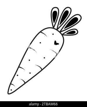 Cute carrot with a heart, love to root vegetables, black line vector illustration Stock Vector