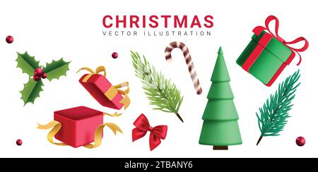 Christmas elements vector set design. Christmas elements like gift, holly berry, spruce and pine tree decoration ornaments in white background. Vector Stock Vector