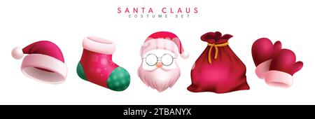 Christmas santa claus costume vector set. Santa claus christmas character costume collection like socks, hat, beard, sacks and gloves elements Stock Vector