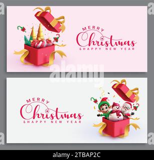 Merry christmas greeting card vector set design. Christmas and new year greeting card with xmas characters and gift boxes decoration elements Stock Vector