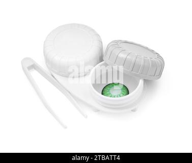 Case with green contact lenses and tweezers isolated on white Stock Photo