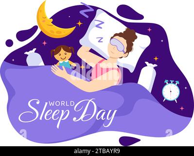 World Sleep Day Vector Illustration on March 15 with People Sleeping, Clouds, Planet Earth and the Moon in Sky Backgrounds Flat Cartoon Design Stock Vector