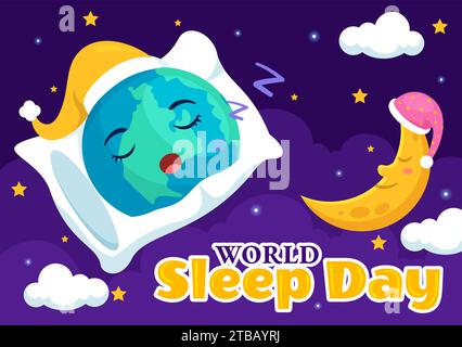 World Sleep Day Vector Illustration on March 15 with People Sleeping, Clouds, Planet Earth and the Moon in Sky Backgrounds Flat Cartoon Design Stock Vector