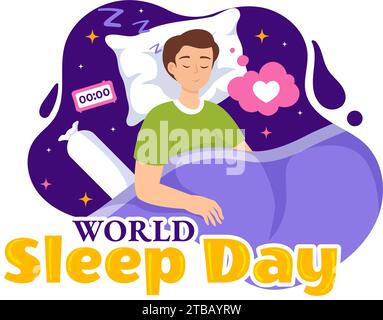 World Sleep Day Vector Illustration on March 15 with People Sleeping, Clouds, Planet Earth and the Moon in Sky Backgrounds Flat Cartoon Design Stock Vector