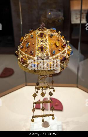 Old Medieval Crown on Display Stock Photo