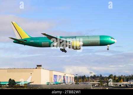 Everett, WA, USA - November 13, 2023; First flight of Boeing 767-300F N382UP freighter landing in front of Everett manufacturing site in pre delivery Stock Photo