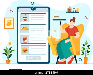 Online Food Delivery Vector Illustration with Order Food on the Phone and it will be Delivered According to the Destination in Flat Cartoon Background Stock Vector