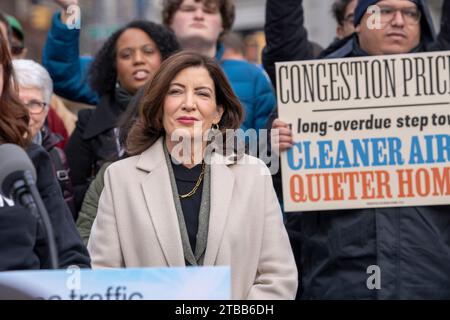 New York, United States. 05th Dec, 2023. New York State Governor Kathy Hochul speaks at the congestion pricing rally at Union Square in New York City. (Photo by Ron Adar/SOPA Images/Sipa USA) Credit: Sipa USA/Alamy Live News Stock Photo