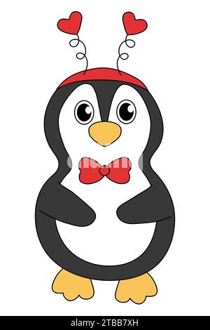 Cartoon Valentine day Penguin character. Cute Penguin with Headband and tie bow. Vector flat illustration. Stock Vector