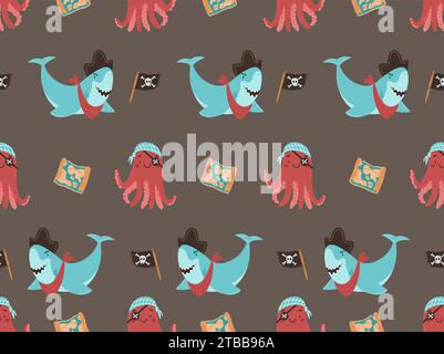 Cute shark and octopus pirate vector seamless pattern. Underwater animals dressed as pirates. Pirate items: treasure map and flag with skull and cross Stock Vector