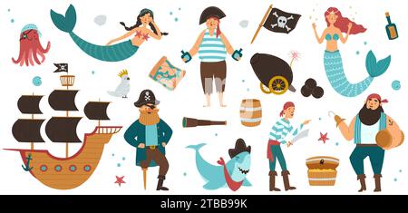 Collection of adorable pirates, sail ship, mermaids and underwater creatures isolated on white background. Childish vector illustration in flat cartoo Stock Vector