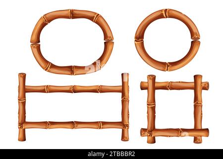 Set Bamboo frames from sticks and rope in cartoon style, borders isolated on white background. Tribal panel, game menu. Vector illustration Stock Vector