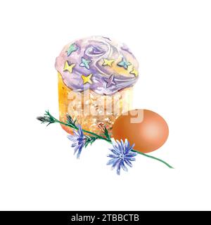 Easter cake, egg and chicory branch. Vector illustration in watercolor style. Design element for greeting cards, invitations, holiday banners, covers. Stock Vector