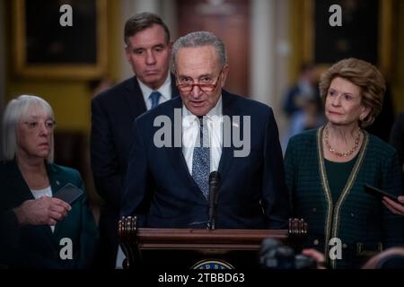 Washington, United States. 05th Dec, 2023. United States Senate Majority Leader Chuck Schumer (Democrat of New York) offers remarks during the United States Senate Democrat policy luncheon press conference at the United States Capitol in Washington, DC, USA, Tuesday, December 5, 2023. Photo by Rod Lamkey/CNP/ABACAPRESS.COM Credit: Abaca Press/Alamy Live News Stock Photo