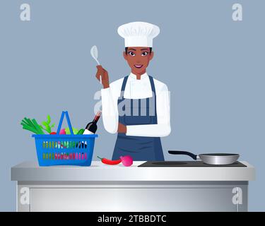 Black Female Cook, Chef In Front of Counter Preparing Food Vector Illustration Stock Vector