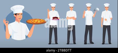 Chef Logo and Cook Character Set in Various Poses and Gestures, Chef Standing Carrying Cake, Pizza, Serving Plate, Arms Folded Stock Vector