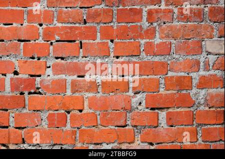 The background of the old wall is made of brown bricks, laid out from a cement sand mortar Stock Photo