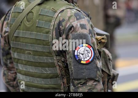 Bucharest, Romania - December 1, 2023: Details of a AIGLE mission soldier in uniform during the Romanian National Day military parade. Stock Photo